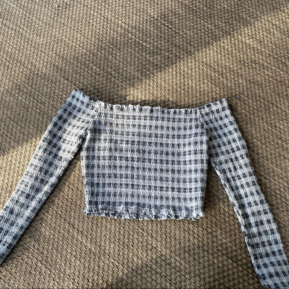 Blue and white gingham off the shoulder top